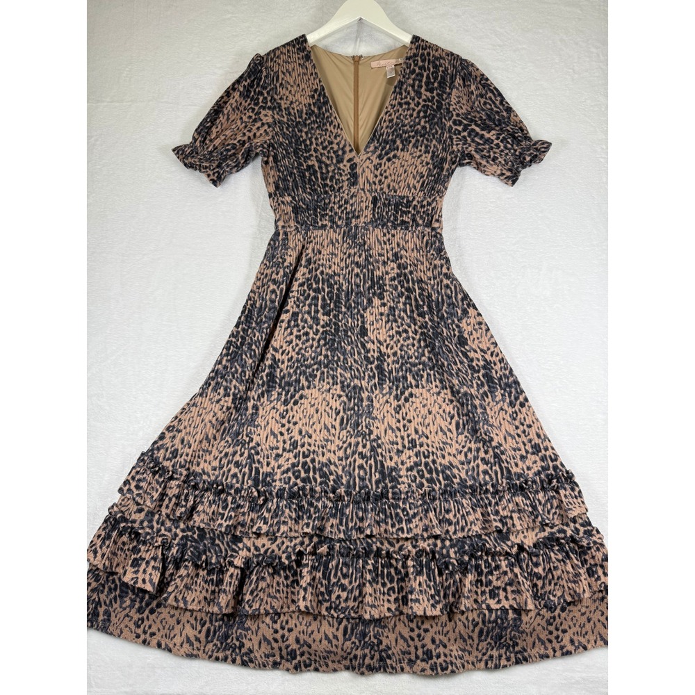Hutch Leopard Print Tiered Ruffle High-Low Midi Dress Brown Black Size Medium